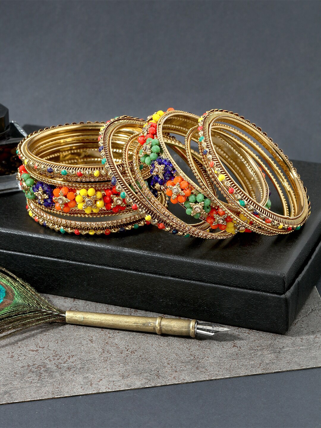 

AccessHer Set Of 18 Gold-Plated & Stone-Studded Bangles, Orange