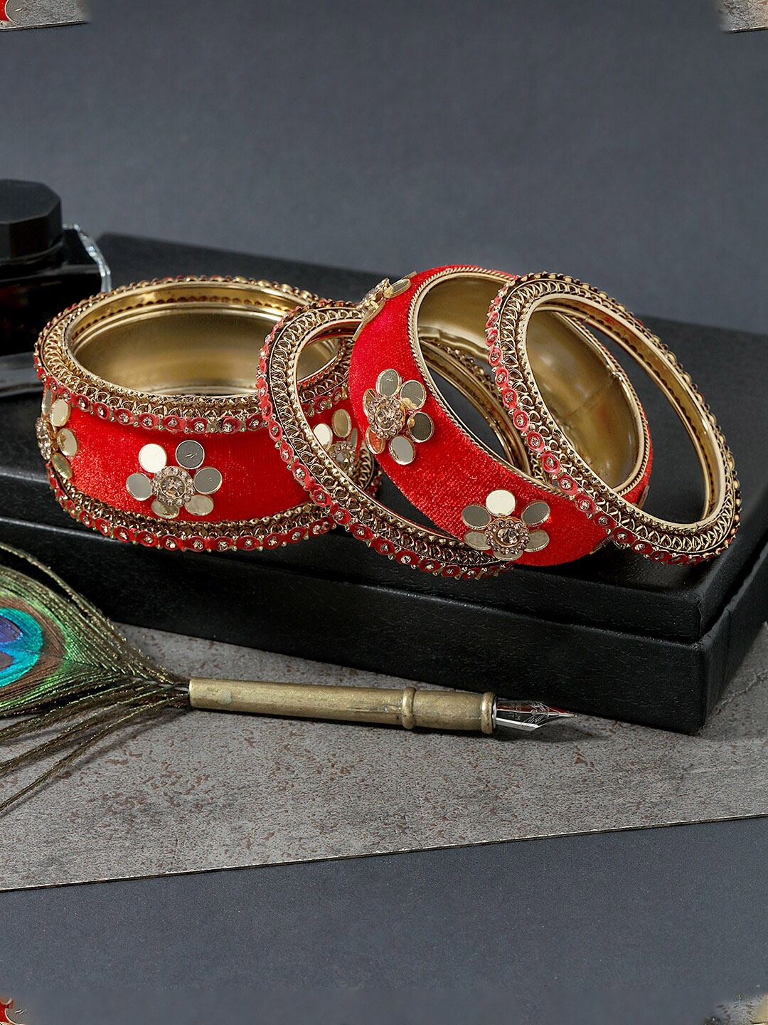 

AccessHer Set Of 6 Gold-Plated Mirror Studded Bangles, Red