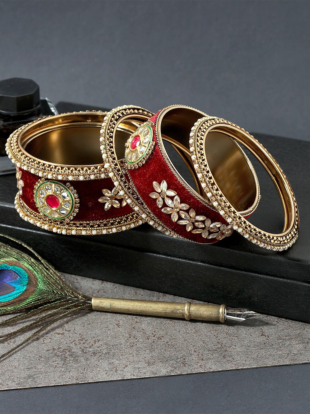 

AccessHer Set Of 6 Gold-Plated Kundan Studded Bangles, Maroon