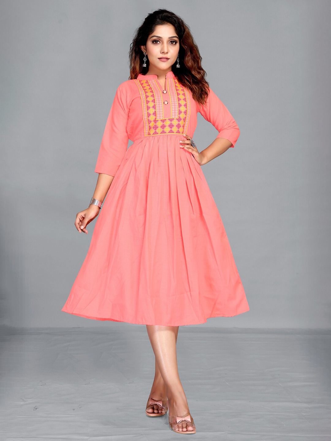 

MARUTI ART Geometric Embroidered Midi Fit & Flare Ethnic Dress, Peach