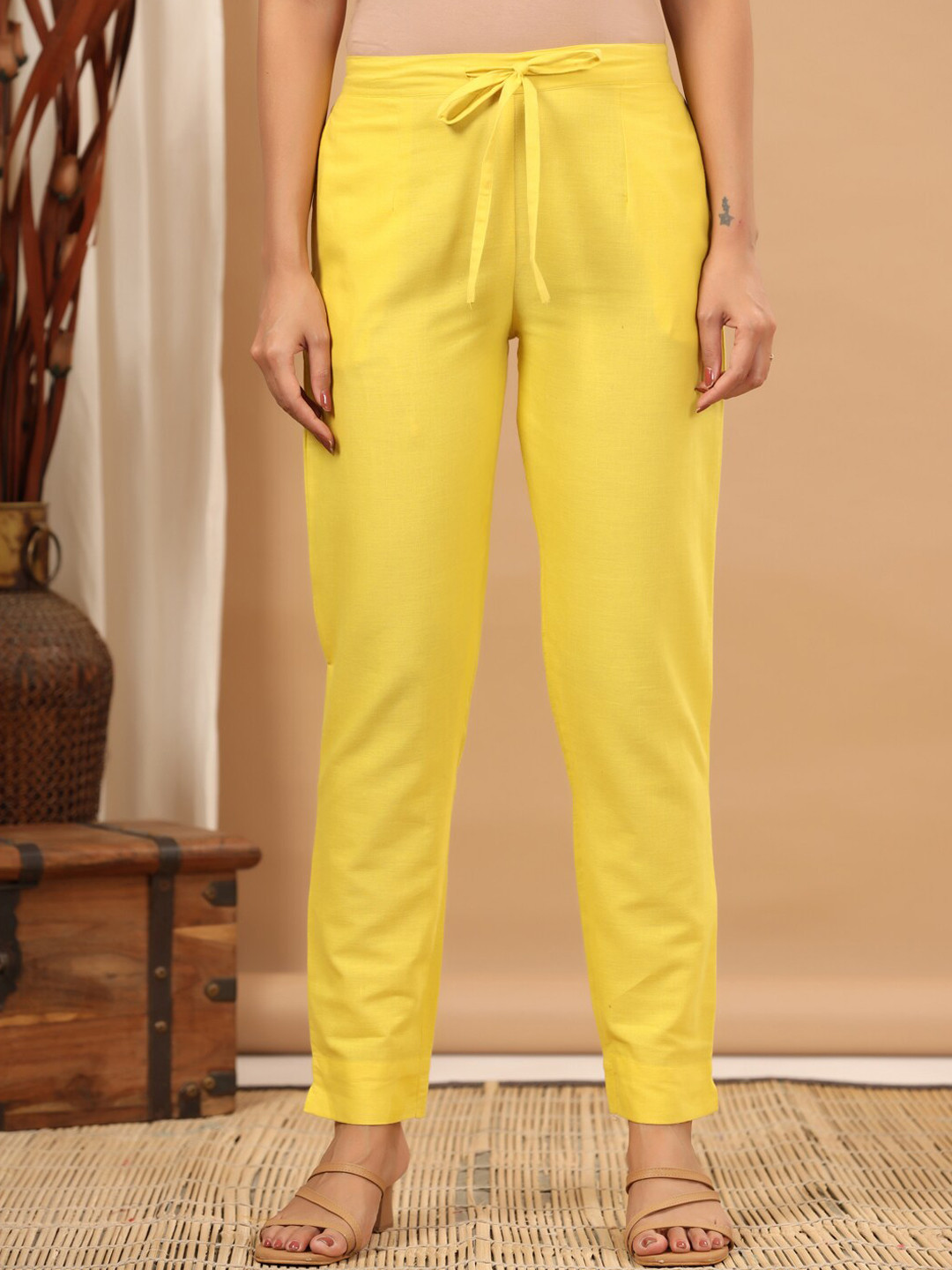 

ETHNIC STREET Women Smart Easy Wash Cotton Formal Trousers, Yellow