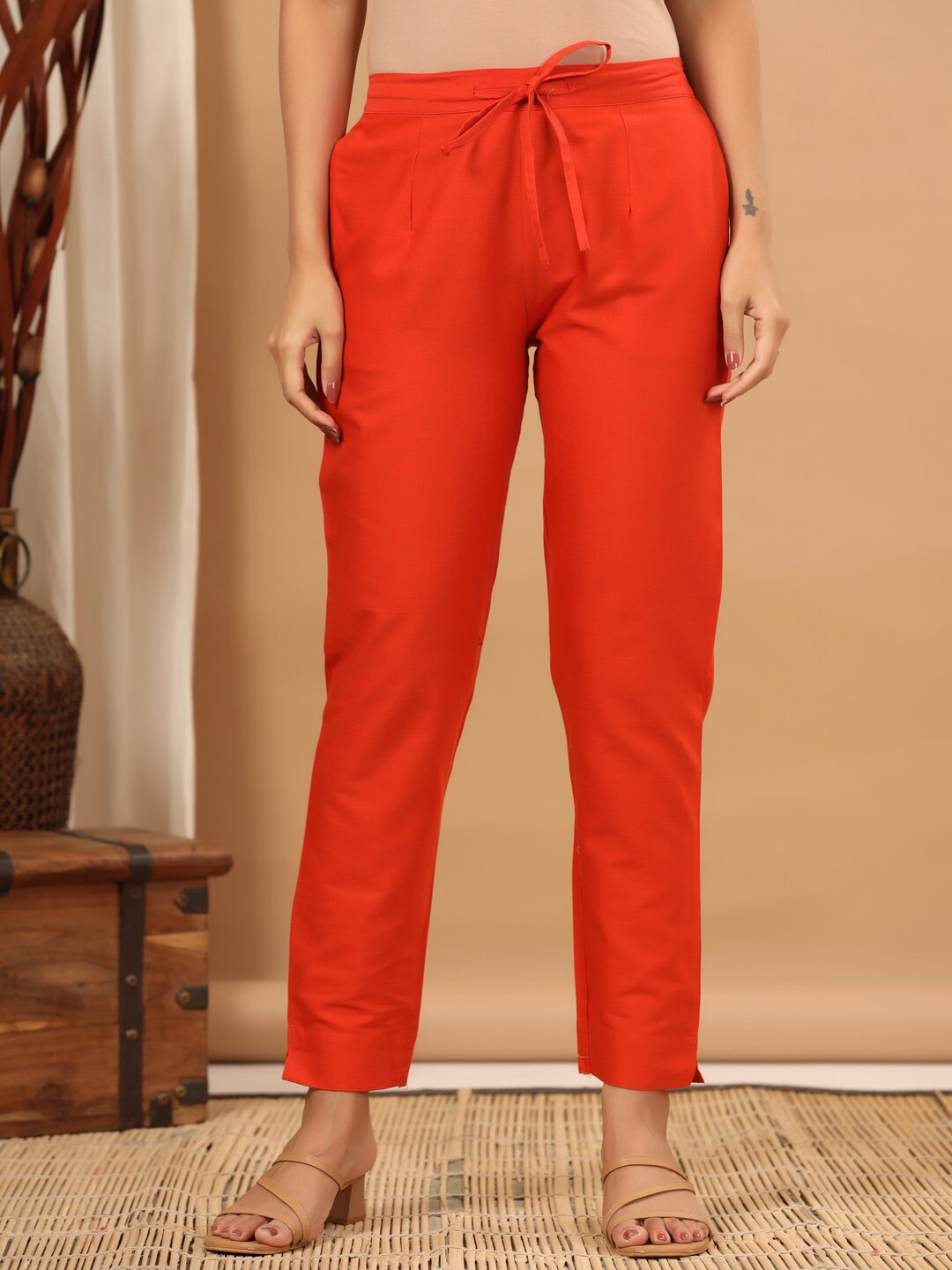 

ETHNIC STREET Women Cotton Smart Easy Wash Trousers, Orange