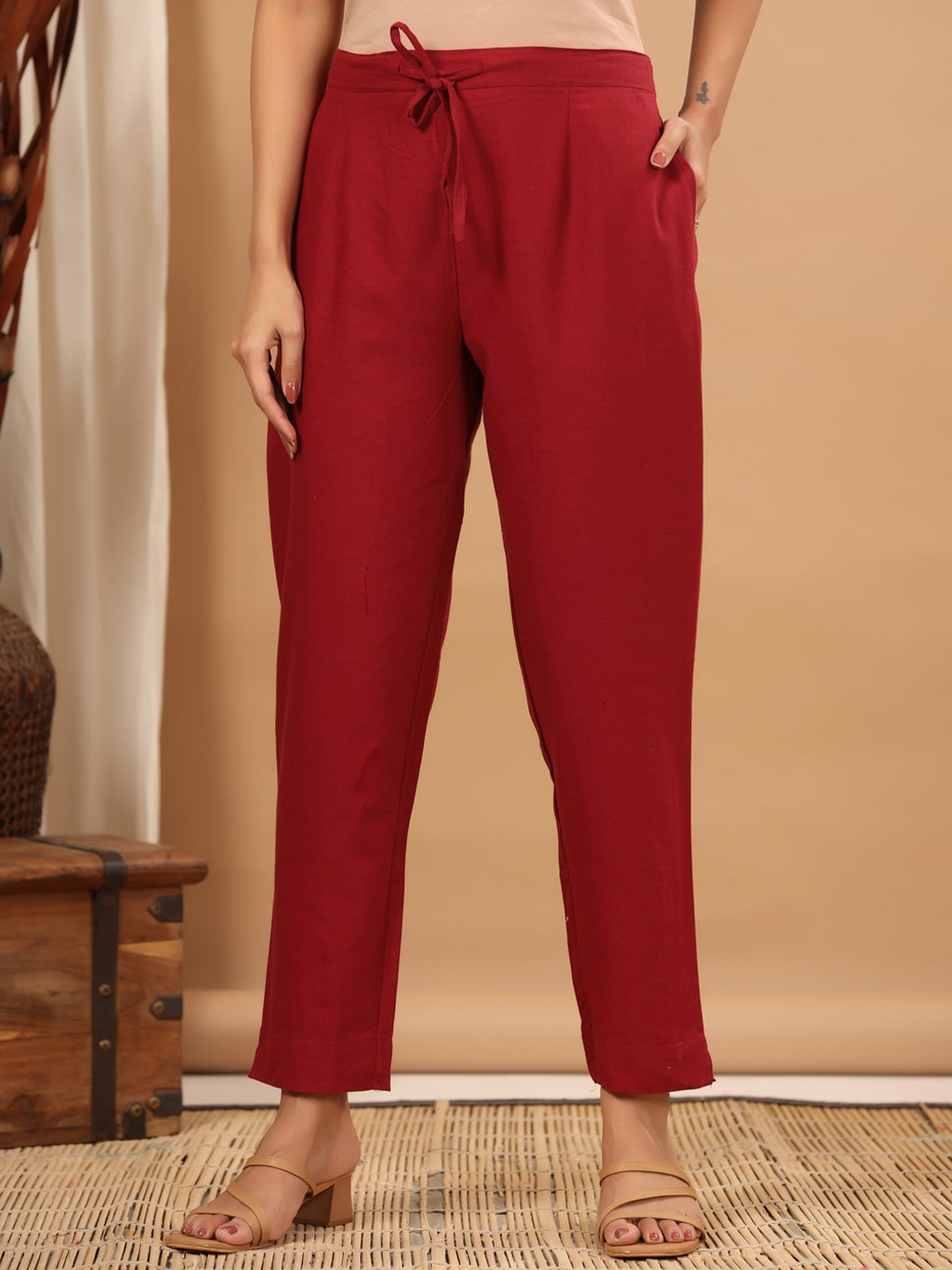 

ETHNIC STREET Women Cotton Smart Easy Wash Pleated Trousers, Red
