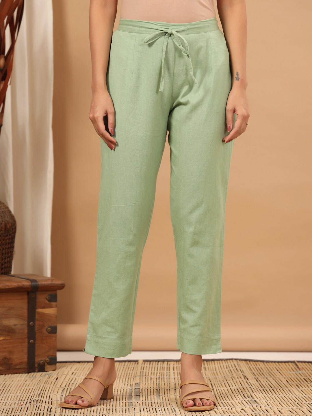 

ETHNIC STREET Women Smart Easy Wash Cotton Formal Pleated Trousers, Green