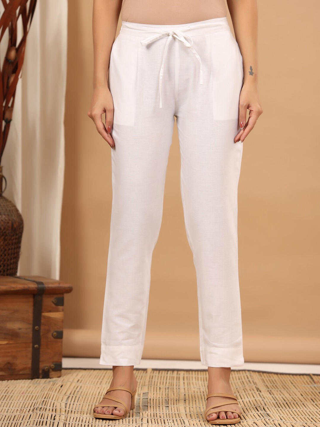 

ETHNIC STREET Women Smart Easy Wash Cotton Formal Trousers, White