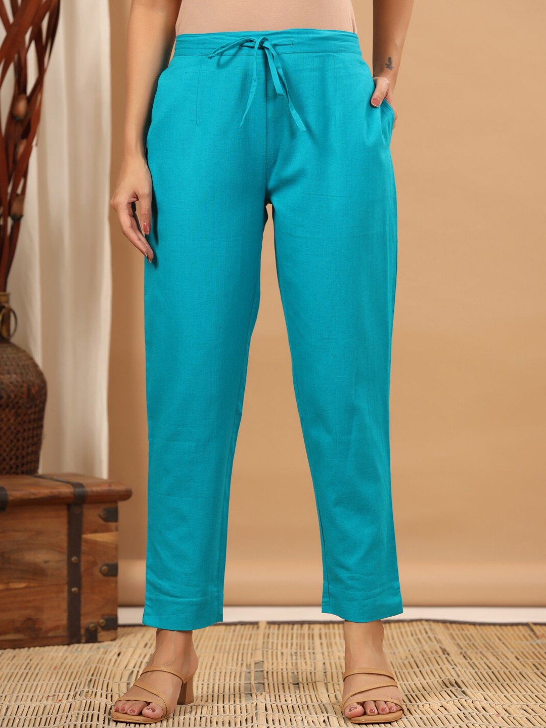 

ETHNIC STREET Women Smart Easy Wash Cotton Formal Trousers, Turquoise blue