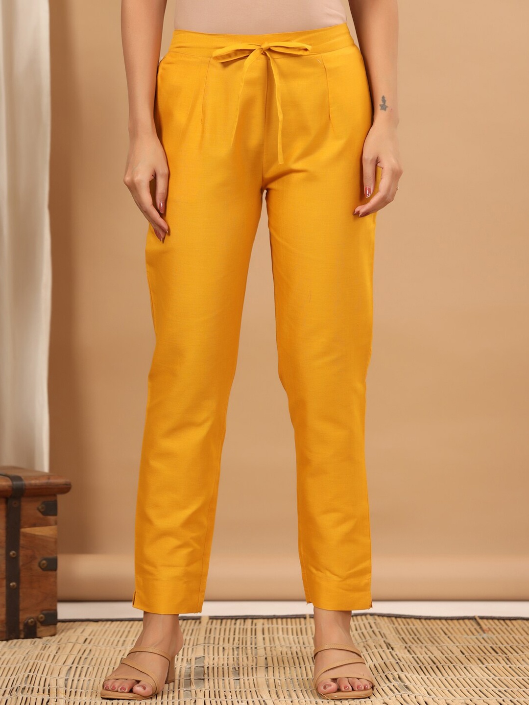 

ETHNIC STREET Women Smart Easy Wash Cotton Formal Pleated Trousers, Mustard