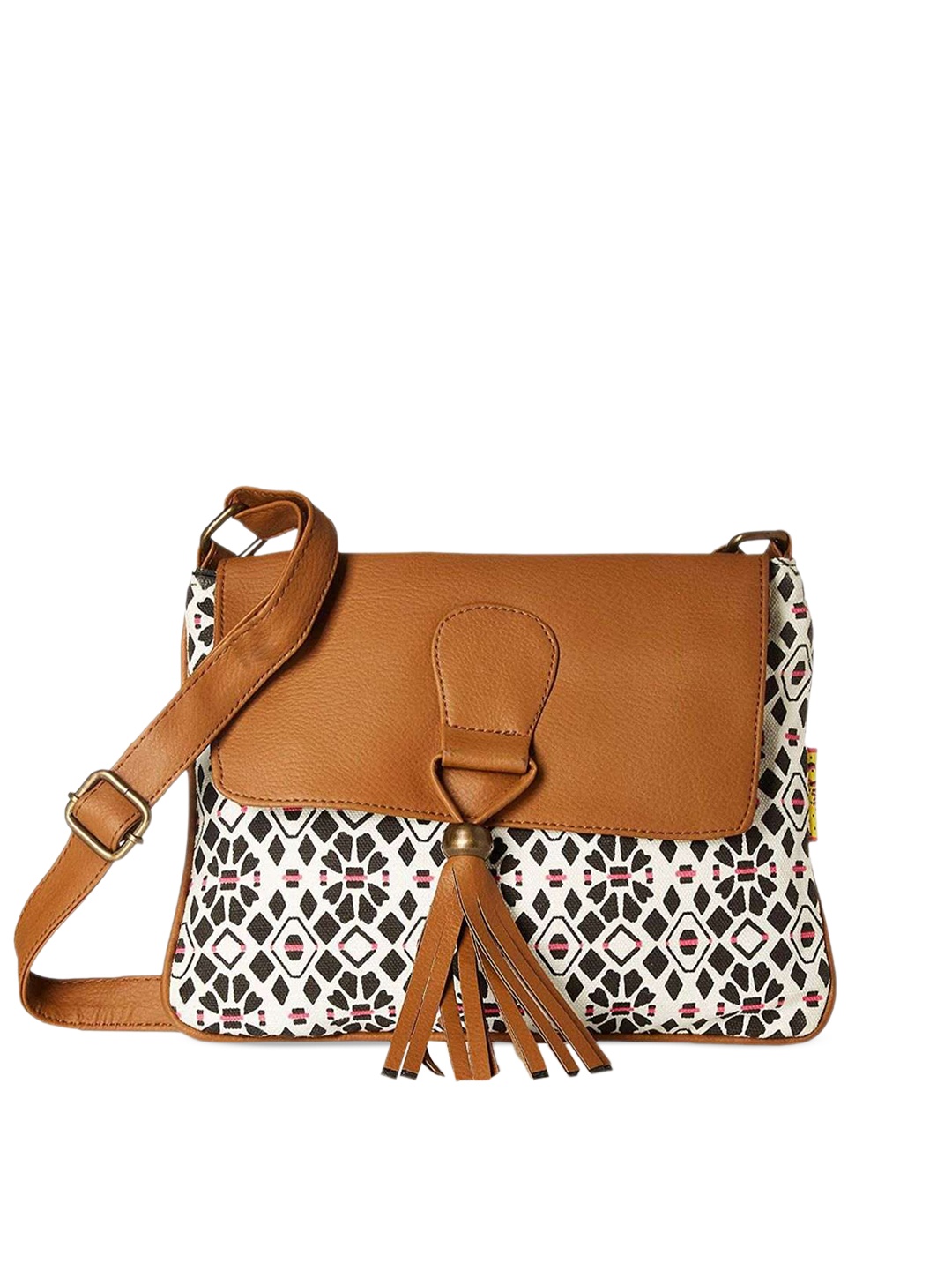 

Kanvas Katha Ethnic Motifs Printed Structured Sling Bag With Tasselled, Brown