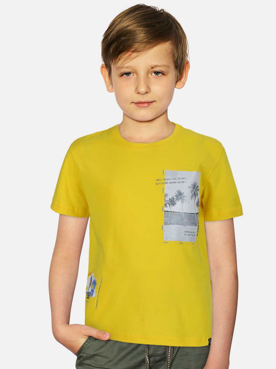 

Gini and Jony Boys Typography Printed Cotton T-shirt, Yellow