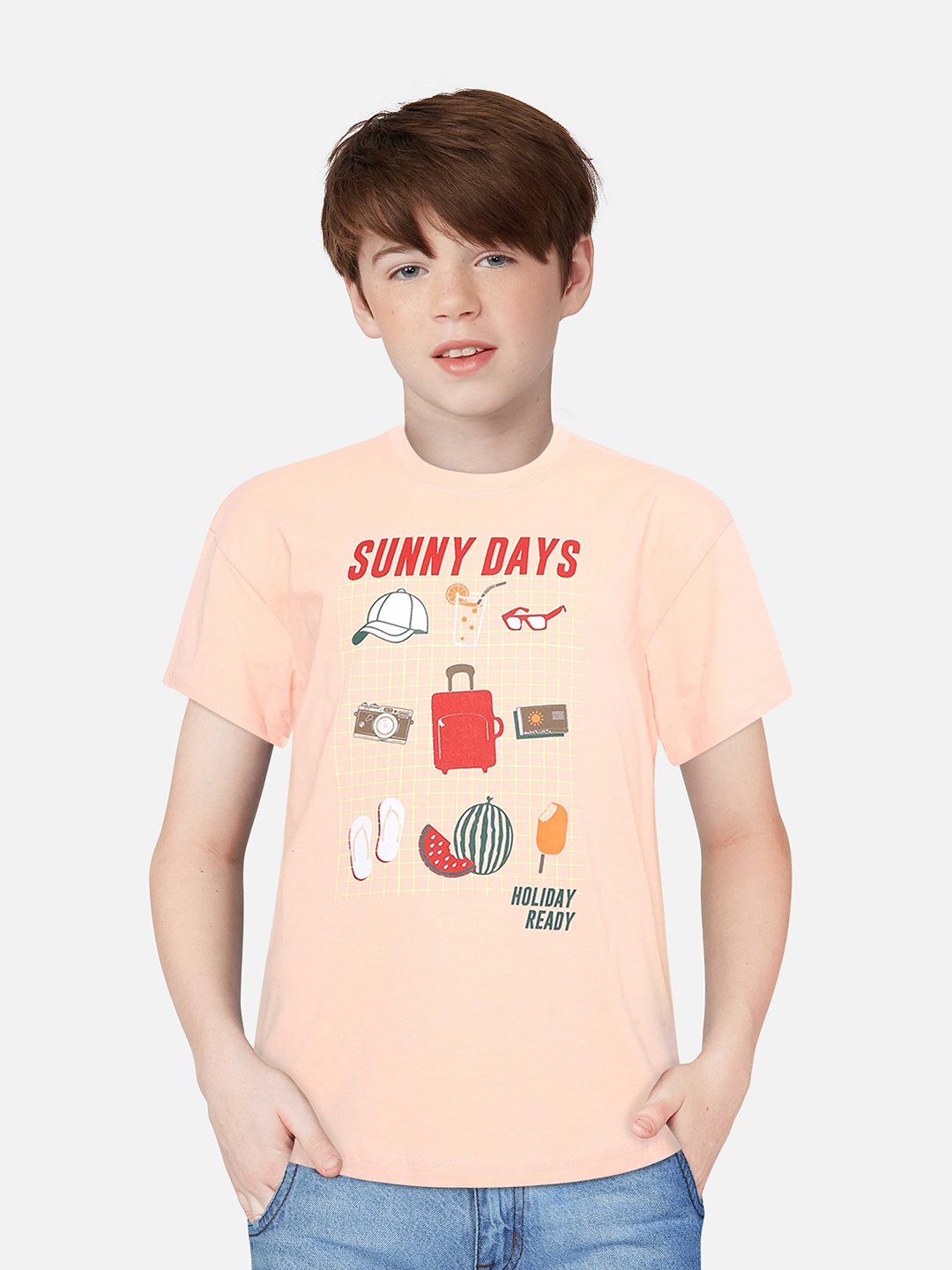 

Gini and Jony Boys Conversational Printed Cotton T-shirt, Peach