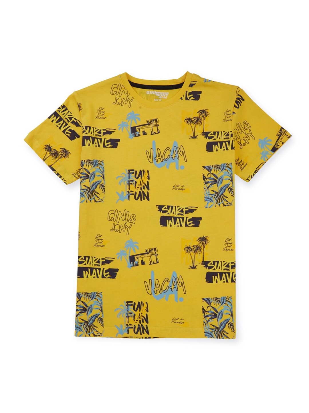 

Gini and Jony Boys Typography Printed Cotton T-shirt, Mustard