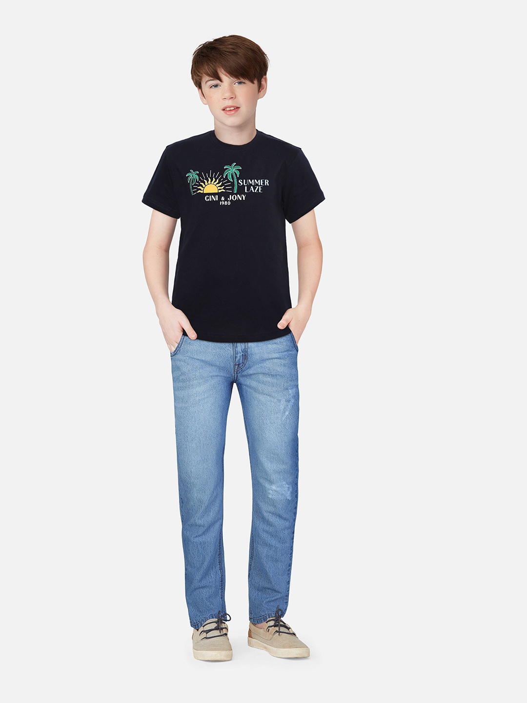 

Gini and Jony Boys Typography Printed Cotton T-shirt, Black