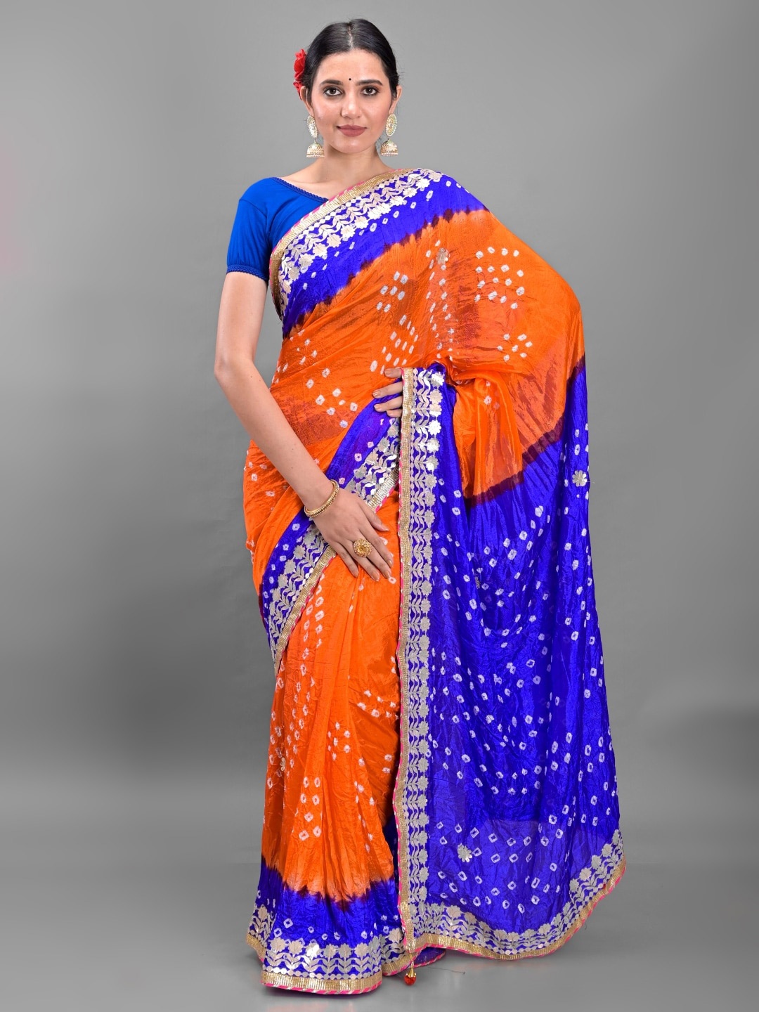 

Apratim Bandhani Gotta Patti Art Silk Bandhani Saree, Orange