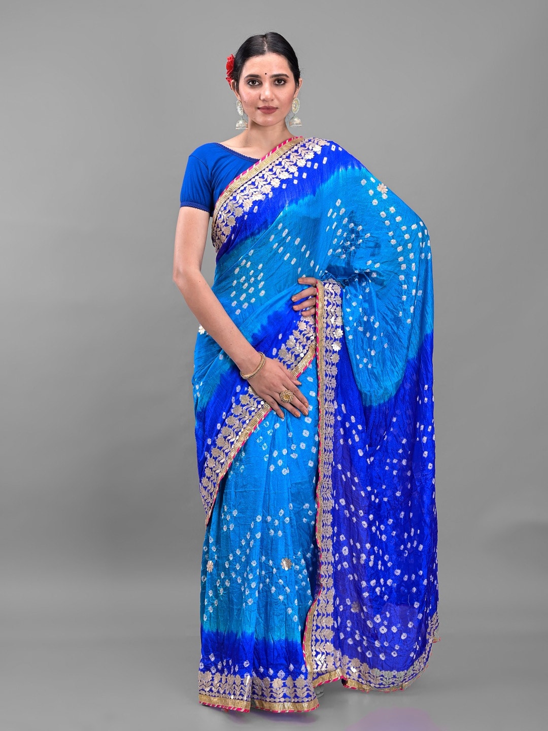 

Apratim Bandhani Gotta Patti Art Silk Bandhani Saree, Blue