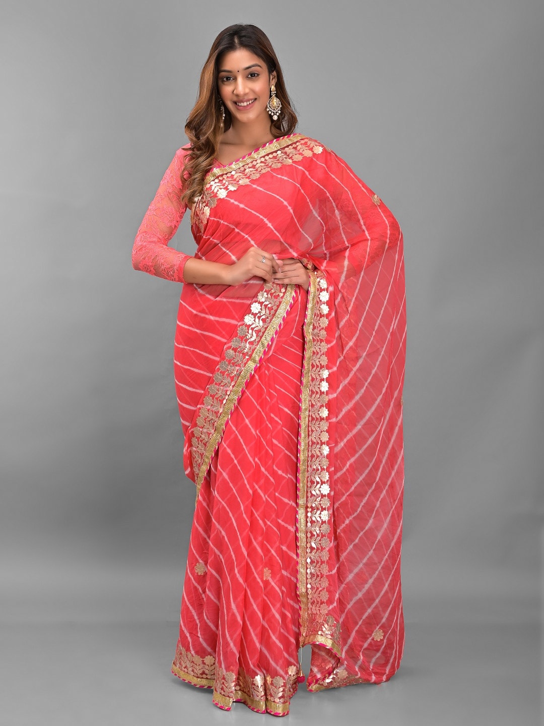 

Apratim Leheriya Poly Chiffon Saree With Blouse Piece, Peach