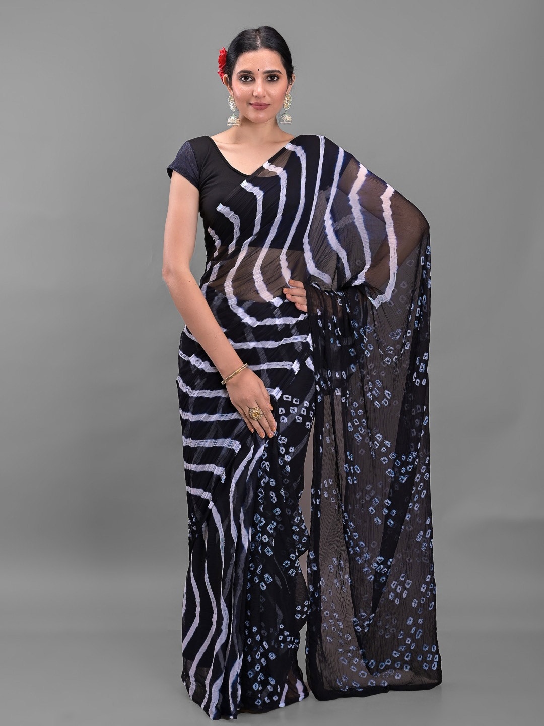 

Apratim Chiffon Leheriya Saree, Black