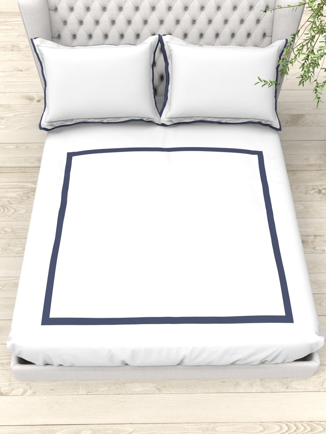 

THE WHITE MOSS White & Blue 300 TC King Bedsheet with 2 Pillow Covers