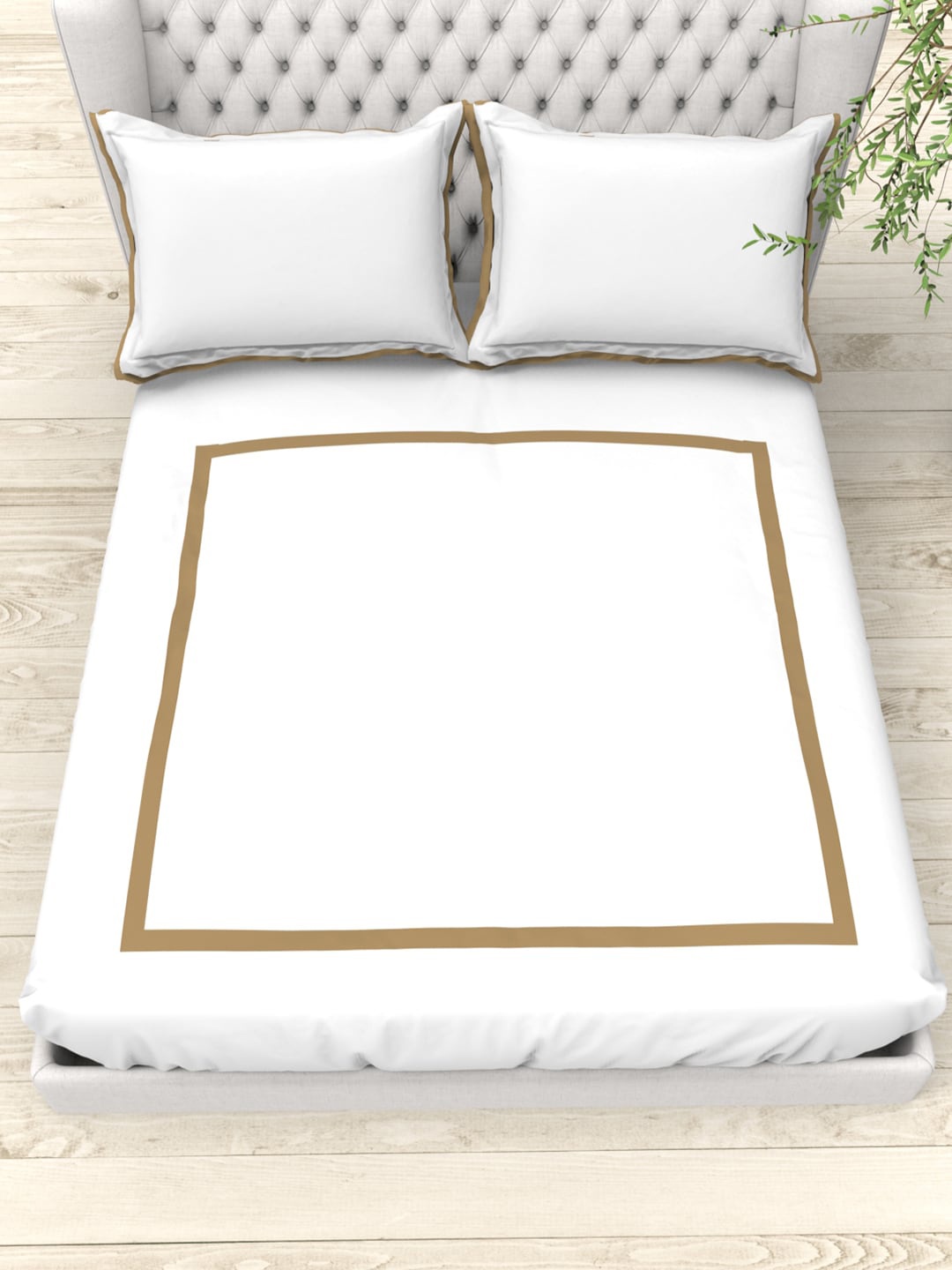 

THE WHITE MOSS White & Brown 300 TC King Bedsheet with 2 Pillow Covers