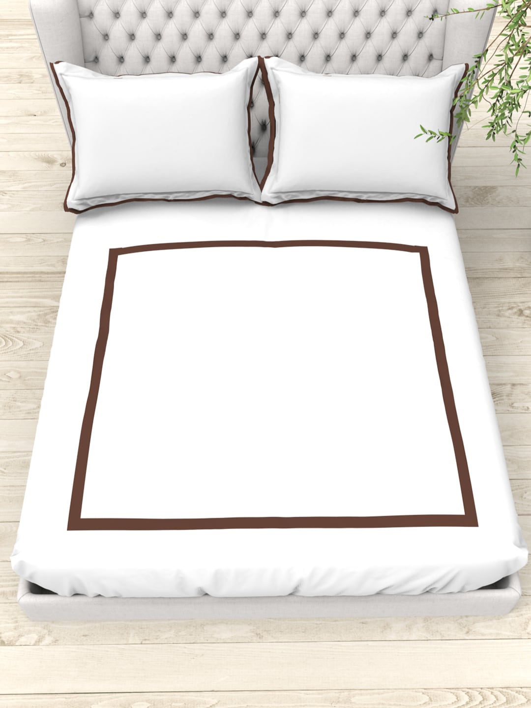 

THE WHITE MOSS White & Brown 300 TC King Bedsheet with 2 Pillow Covers
