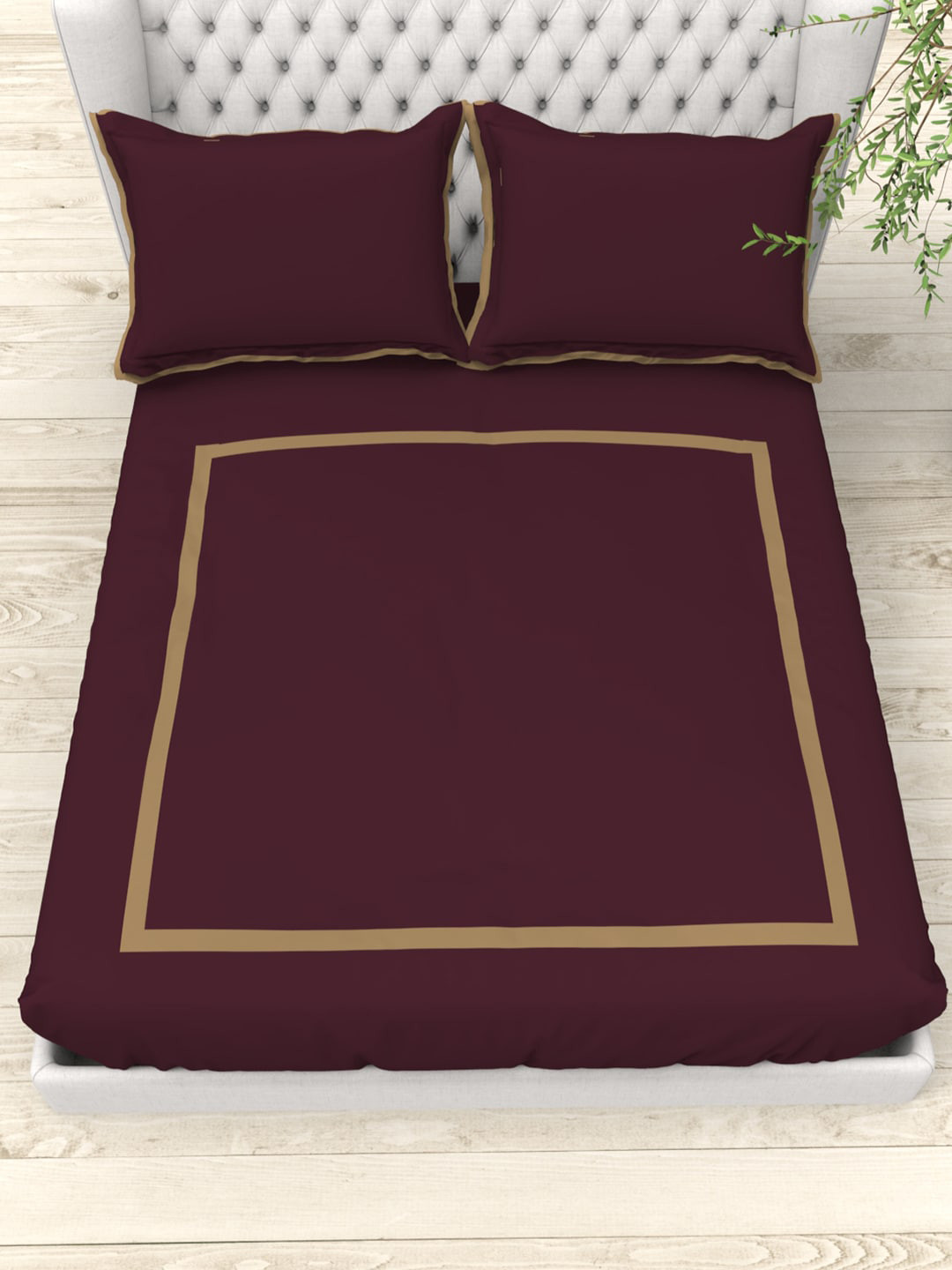 

THE WHITE MOSS Portland Burgundy & Brown 300 TC King Flat Bedsheet with 2 Pillow Covers