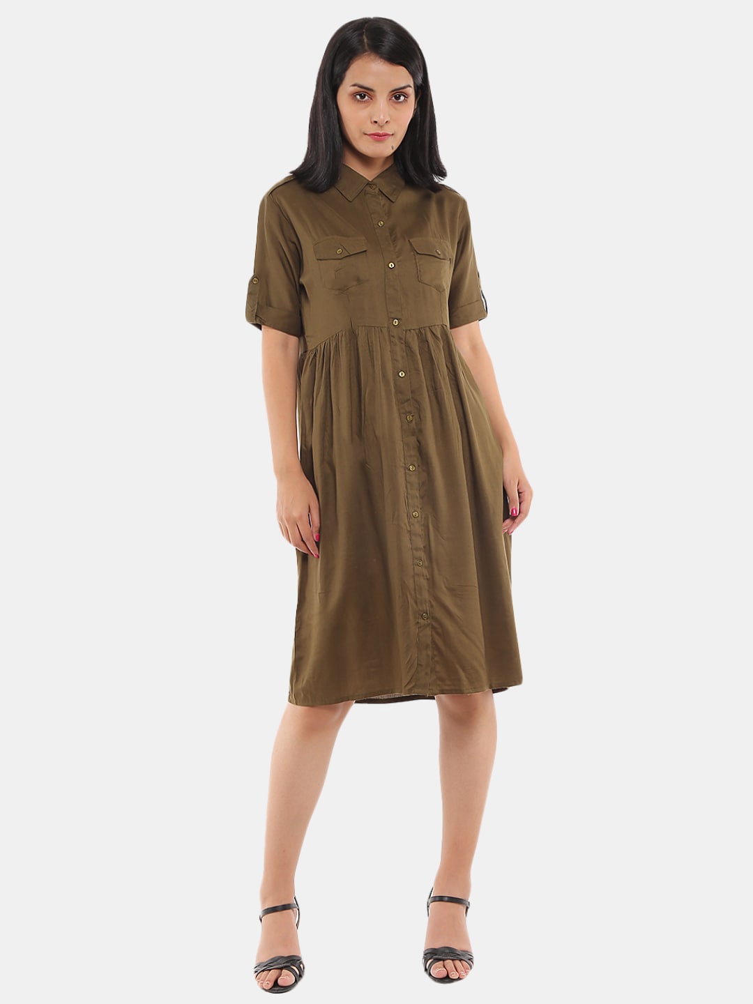 

V-Mart Roll-Up Sleeves Shirt Dress, Olive