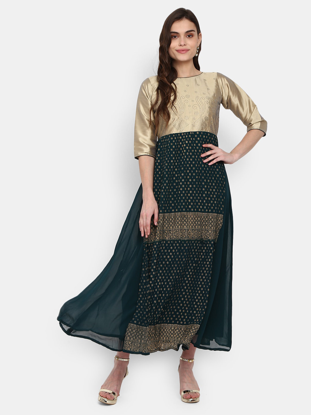 

V-Mart Green Ethnic Motifs Printed Cotton Maxi Dress