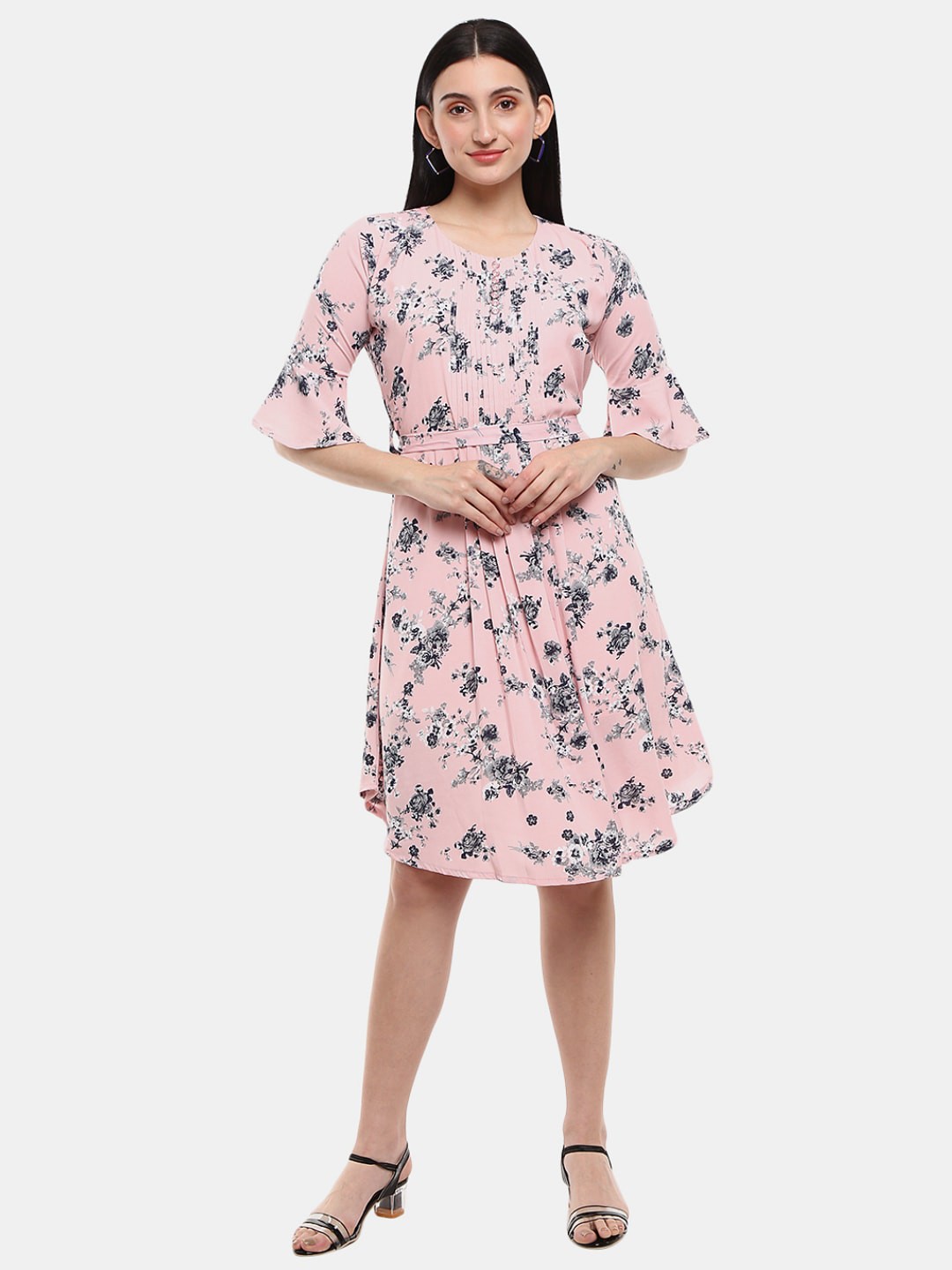 

V-Mart Floral Printed Bell Sleeves Cotton Fit & Flare Dress, Pink
