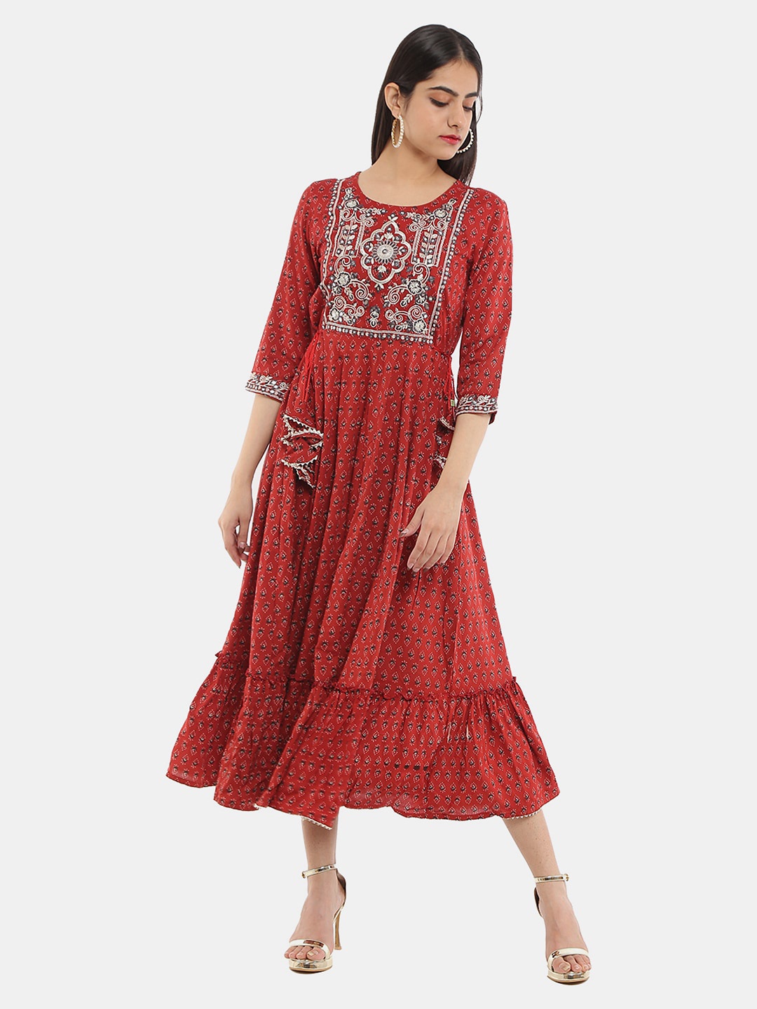 

V-Mart Ethnic Motifs Ethnic A-Line Midi Dress, Maroon