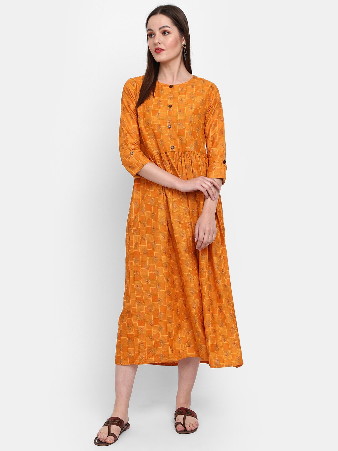 

V-Mart Floral Ethnic A-Line Midi Dress, Orange