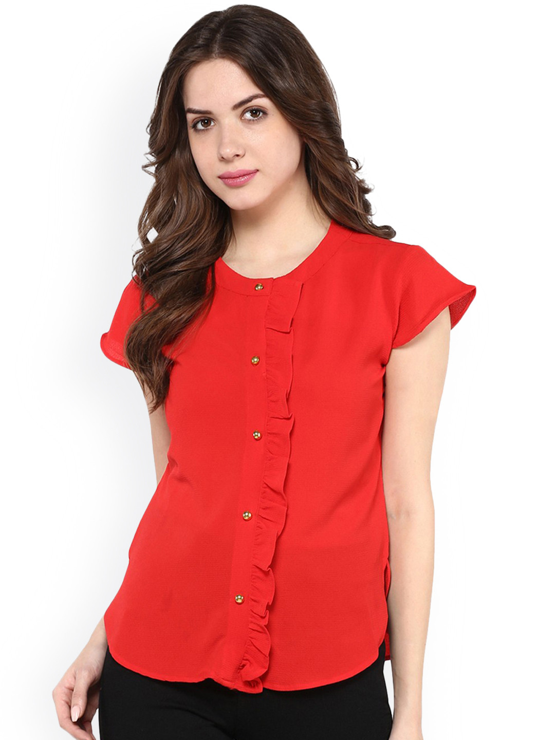 

Zima Leto Women Red Solid Ruffled Shirt Style Top