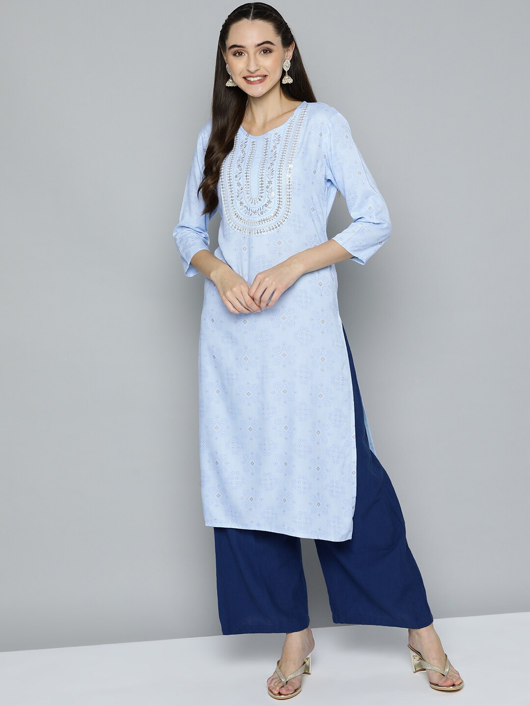 

MAAND Women Ethnic Motifs Printed Thread Work Round Neck Kurta, Blue