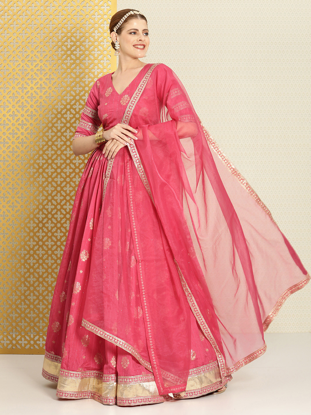 

House of Pataudi Woven Design Semi-Stitched Lehenga & Unstitched Blouse With Dupatta, Pink