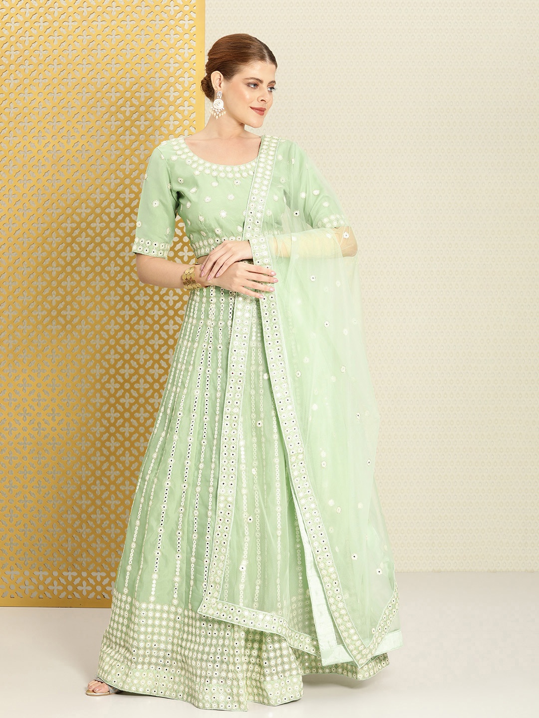 

House of Pataudi Embroidered Semi-Stitched Lehenga & Unstitched Blouse With Dupatta, Green