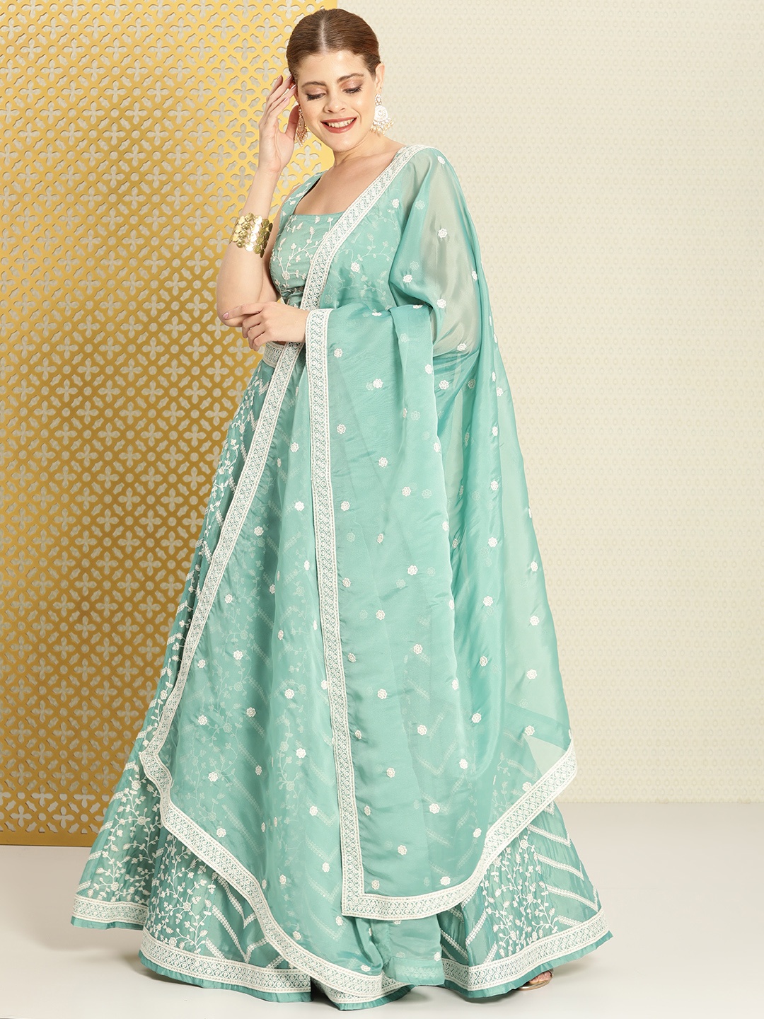 

House of Pataudi Embroidered Semi-Stitched Lehenga & Unstitched Blouse With Dupatta, Sea green