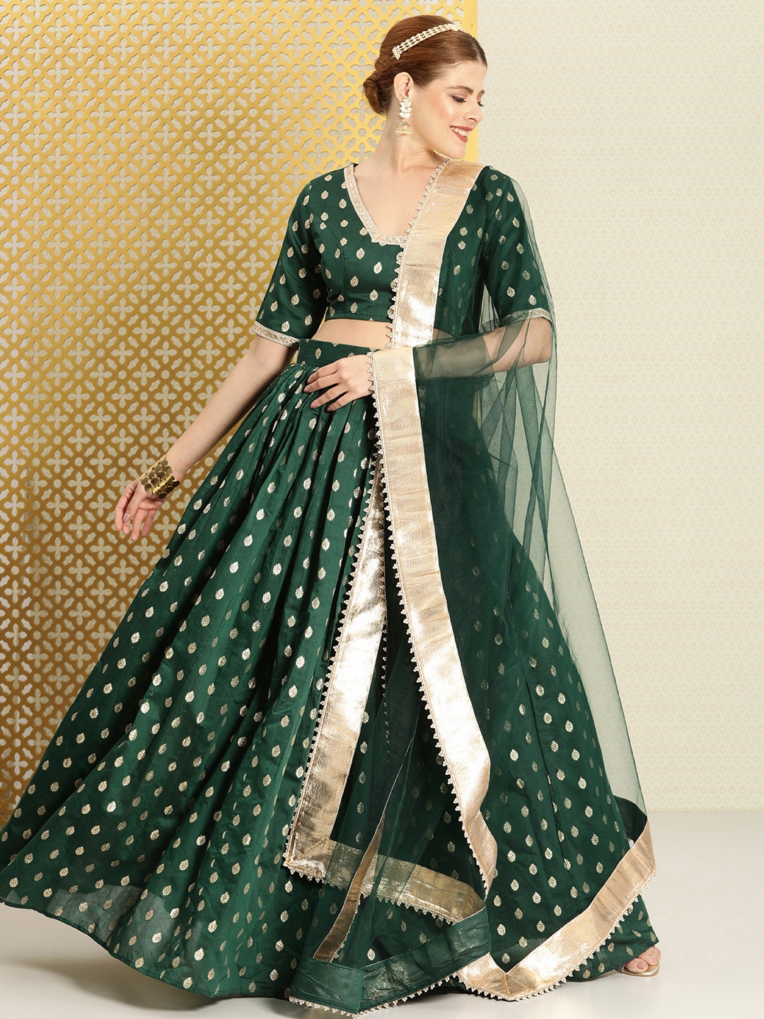 

House of Pataudi Woven Design Semi-Stitched Lehenga & Unstitched Blouse With Dupatta, Green