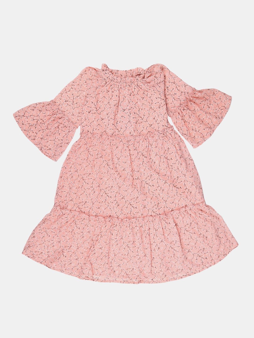 

V-Mart Girls Tiered Floral Printed Fit And Flare Dress, Peach
