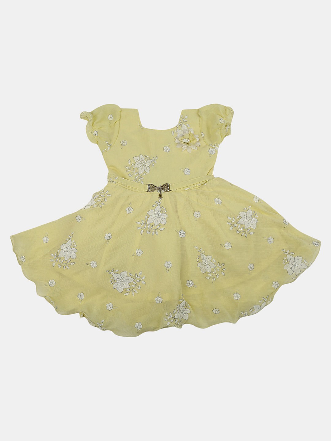 

V-Mart Girls Floral Printed Puff Sleeves Cotton Fit & Flare Dress, Yellow