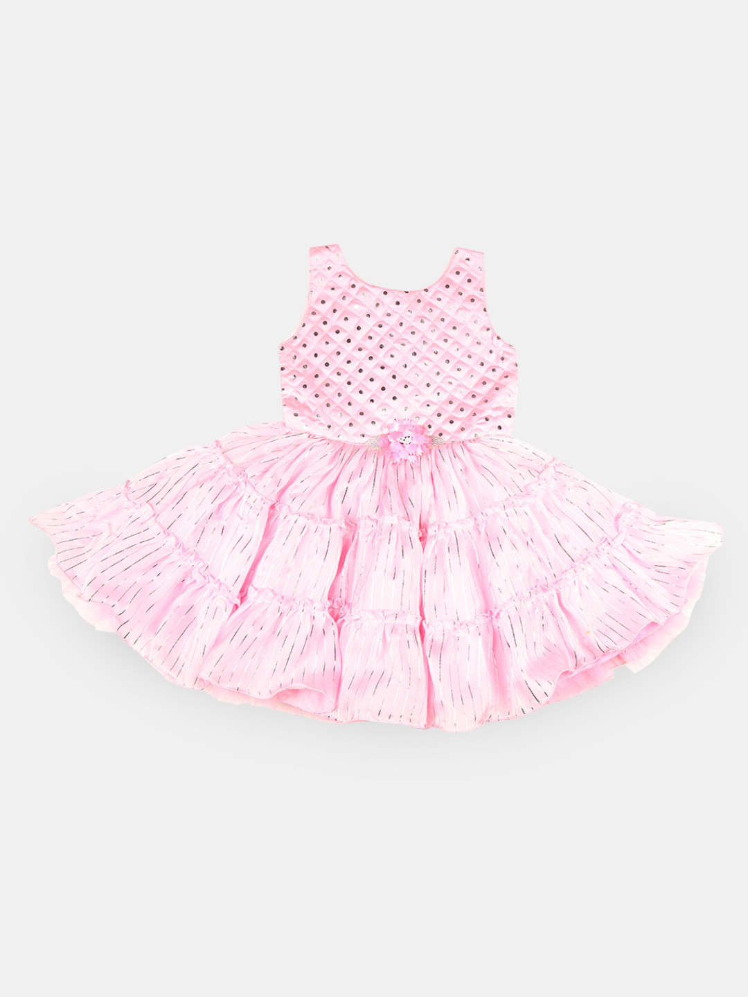 

V-Mart Self Design Bow Detailed Tiered Cotton Fit & Flare Dress, Pink