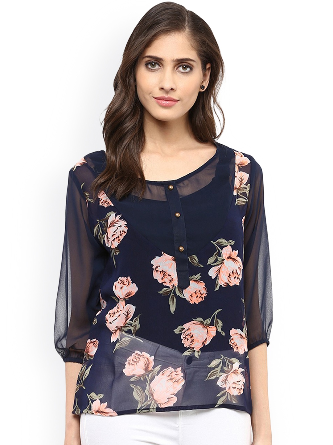 

Zima Leto Women Navy & Pink Floral Print Top, Navy blue