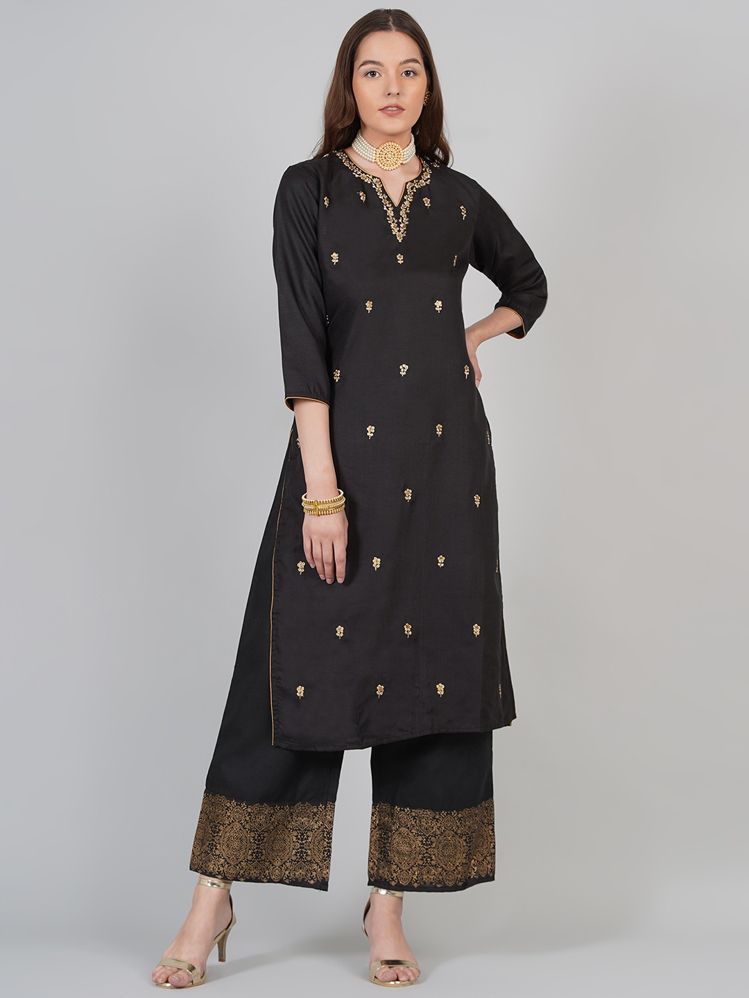 

Bhama Couture Women Black & Beige Printed Kurta with Palazzos