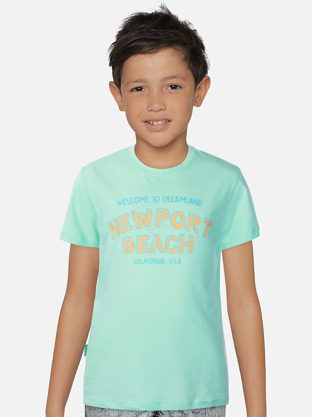 

Palm Tree Boys Typography Printed Cotton T-shirt, Sea green