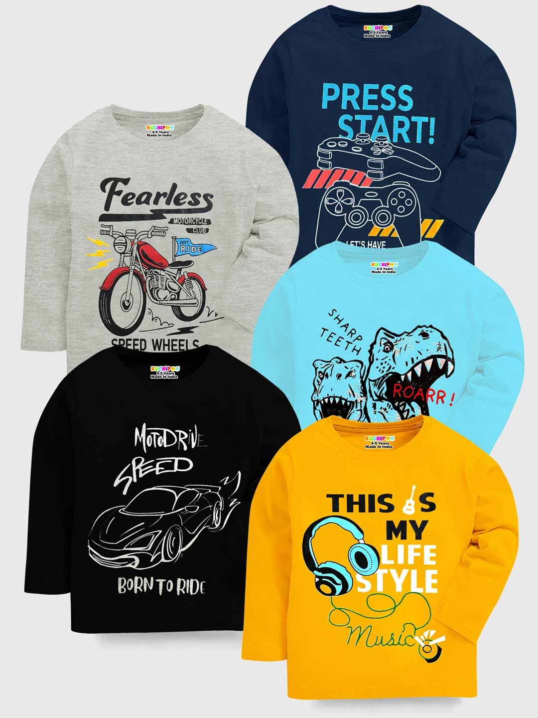 

KUCHIPOO Boys Pack of 5 Typography Printed Cotton T-shirt, Yellow