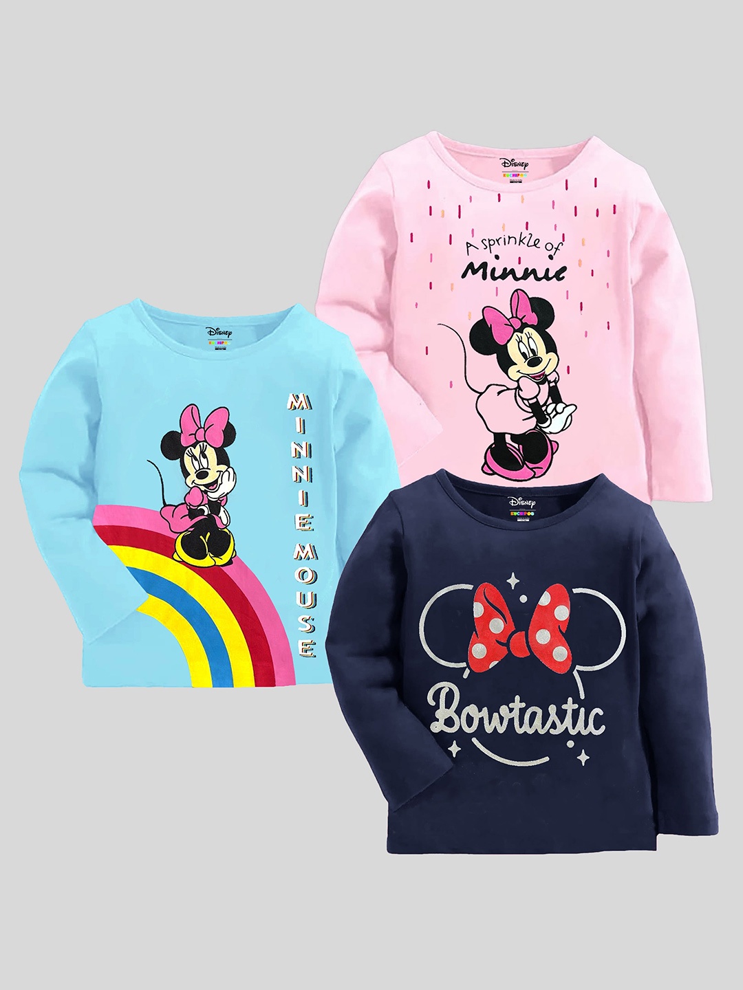 

KUCHIPOO Girls Multicoloured 3 Minnie Mouse Printed Cotton T-shirt, Pink
