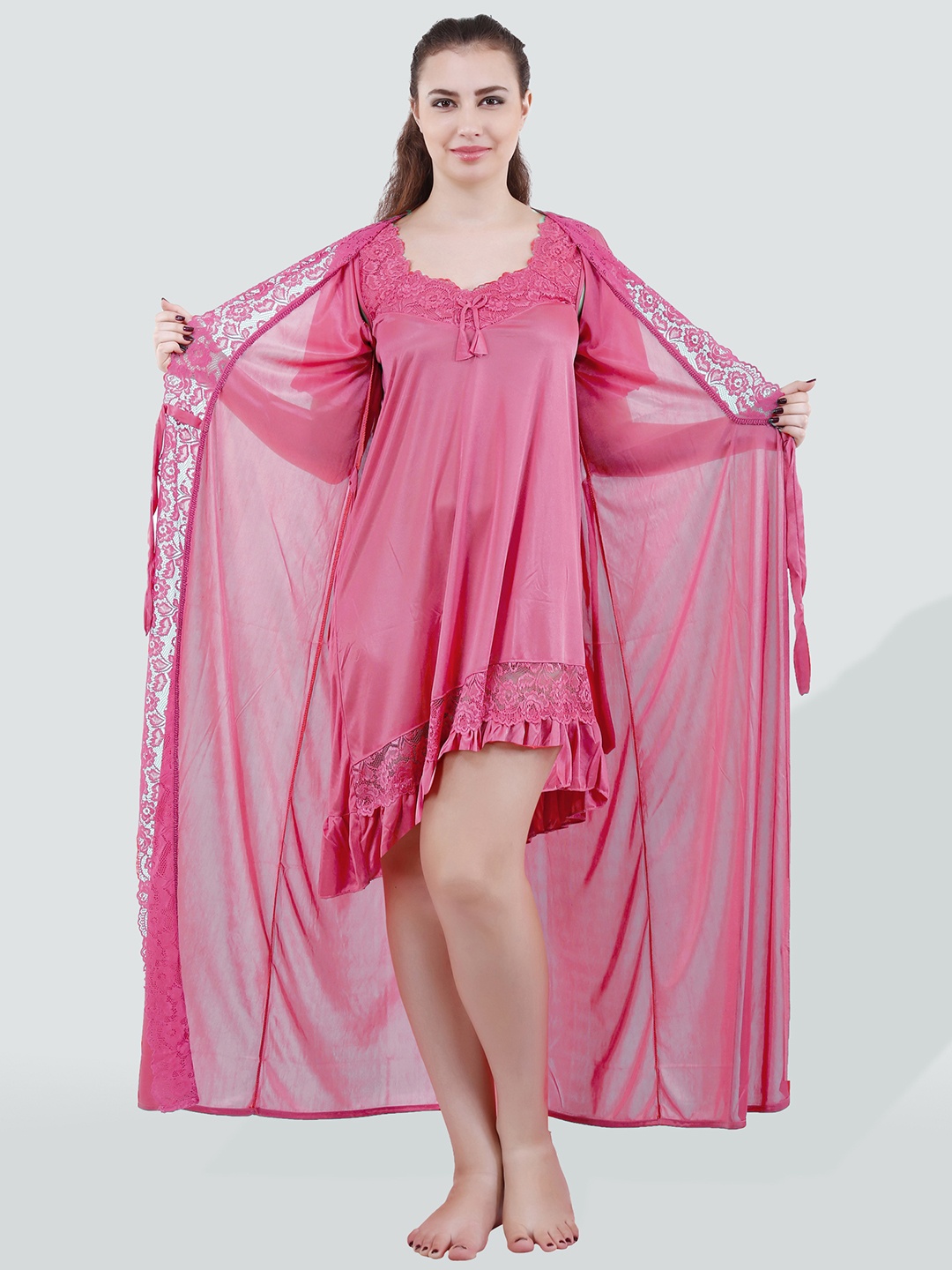 

Romaisa Women Round Neck Satin Nightdress With Robe, Pink