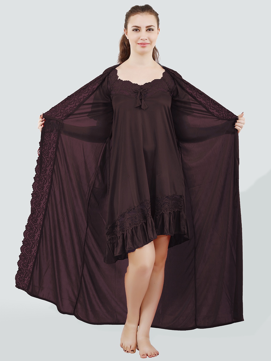 

Romaisa Women Round Neck Satin Nightdress With Robe, Brown
