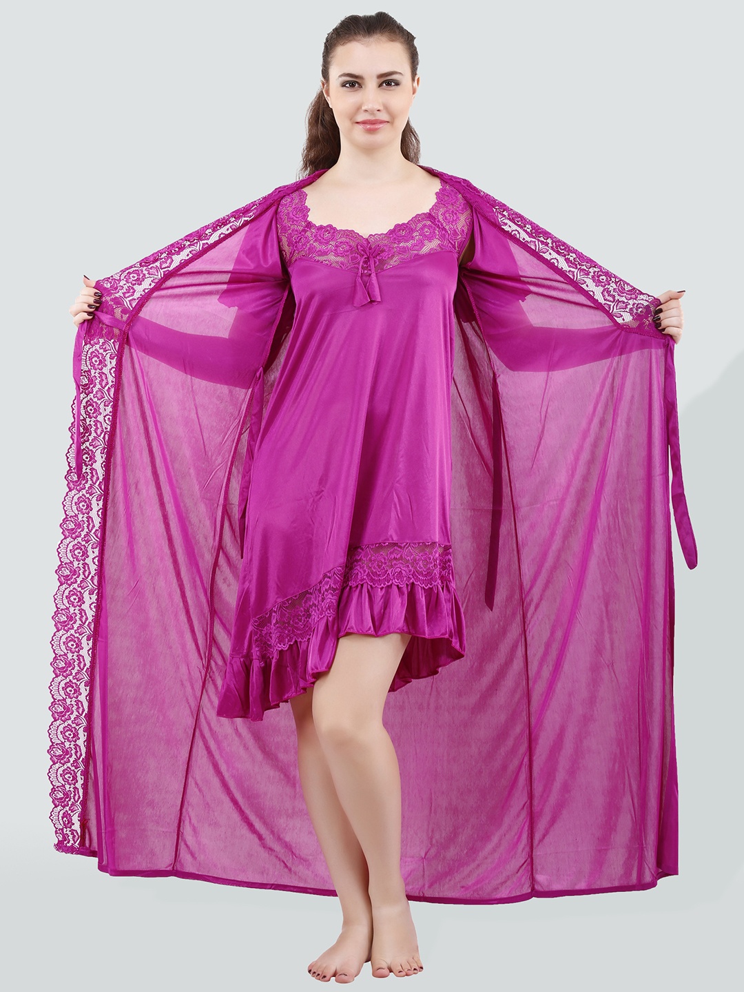 

Romaisa Women Satin Nightdress With Robe, Magenta