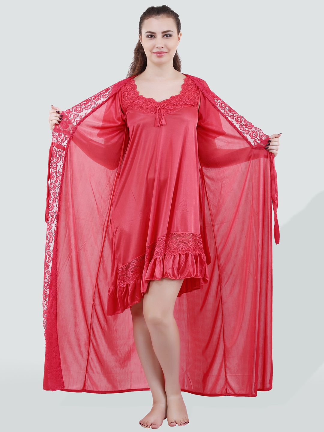 

Romaisa Women Satin Nightdress With Robe, Coral