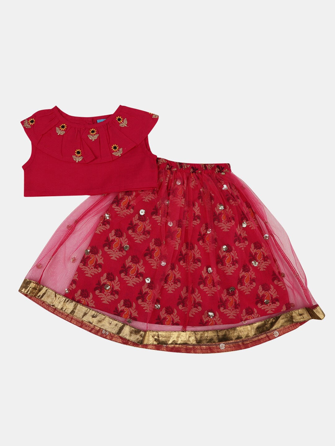 

V-Mart Girls Embroidered Top With Printed Skirt, Fuchsia