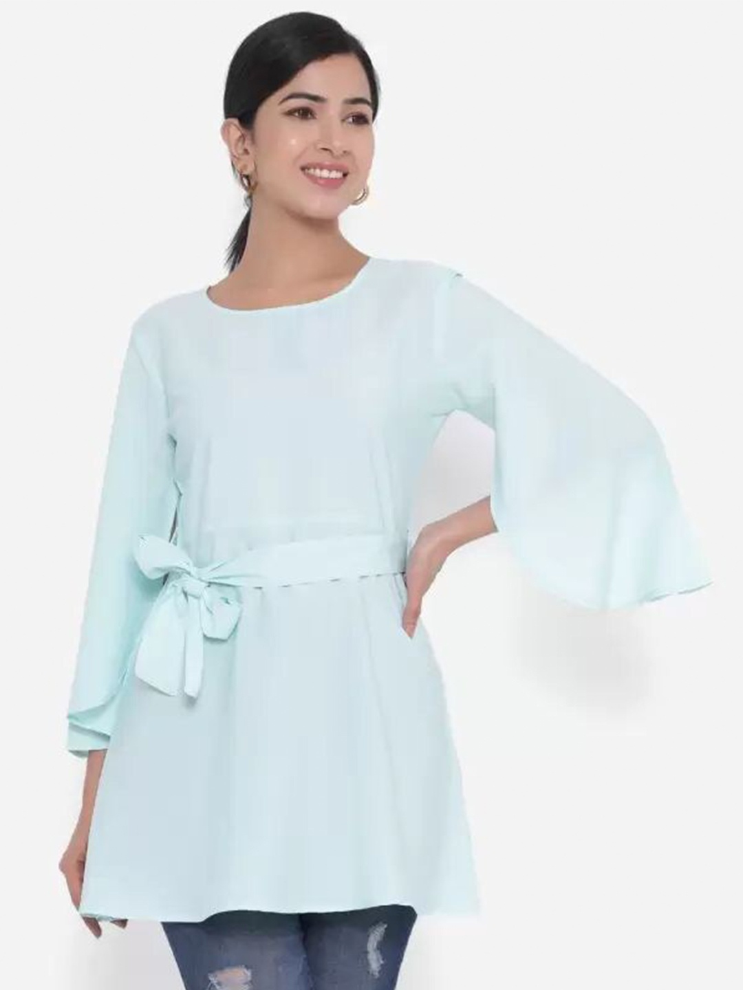 

CHRISTEENA Round Neck Longline Top, Turquoise blue
