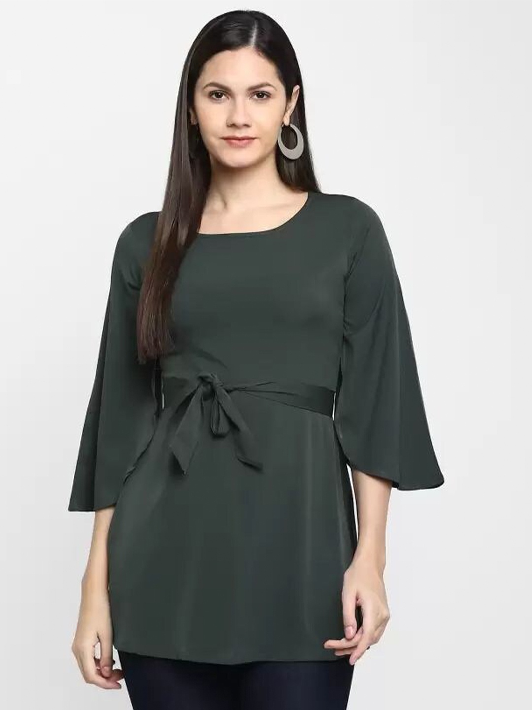 

CHRISTEENA Round Neck Longline Top, Green